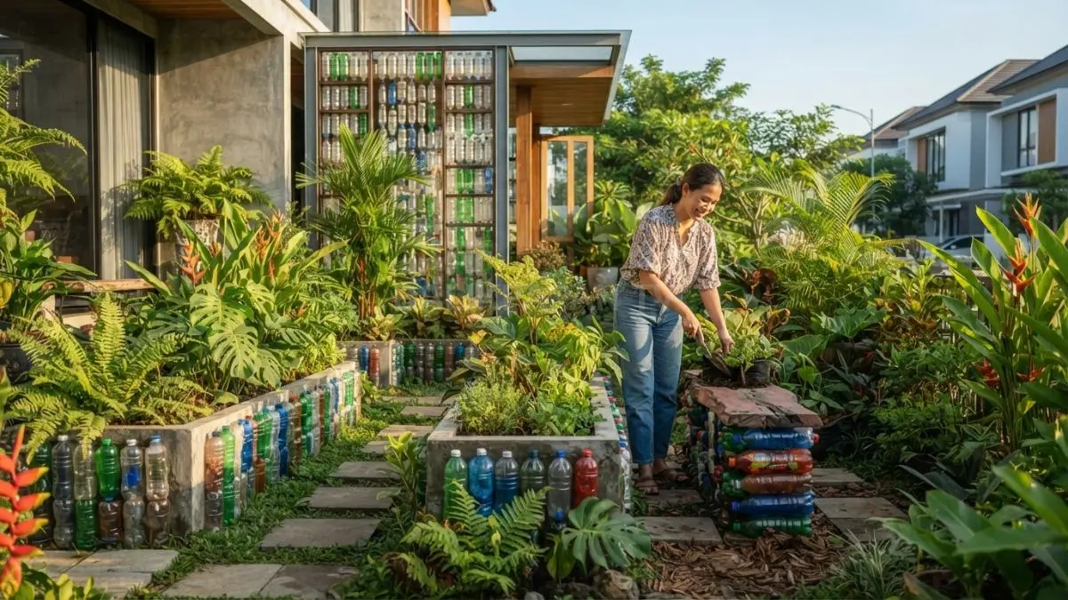 Taman rumah memanfaatkan botol plastik bekas sebagai pot, pembatas, bangku, dan elemen lanskap dekoratif berkelanjutan. (BTV/AI)