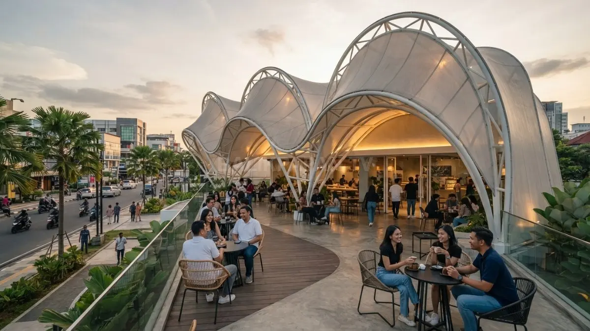 Veil cafe bergelombang menghadirkan kanopi membran dinamis dengan area duduk semi-terbuka yang modern dan nyaman. (BTV/AI)