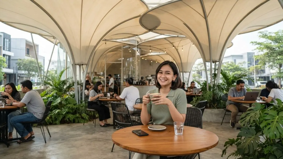 Veil cafe dengan kanopi membran berbentuk kelopak bunga menciptakan ruang ikonik, modern, dan nyaman bagi pengunjung. (BTV/AI)