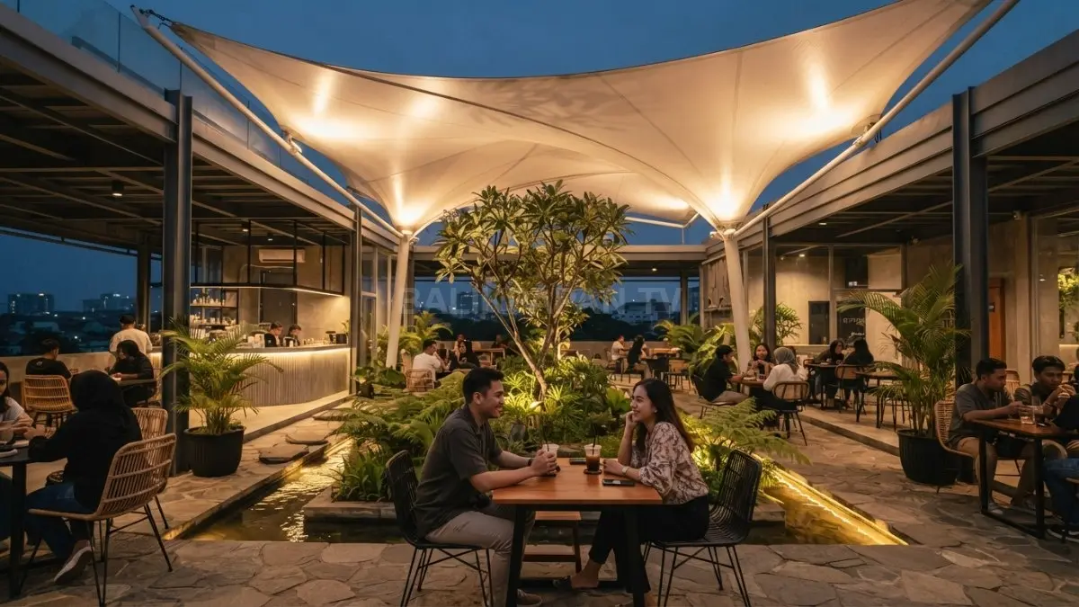 Veil cafe memadukan courtyard, selubung membran, taman tropis, dan pencahayaan lembut untuk suasana modern. (BTV/AI)