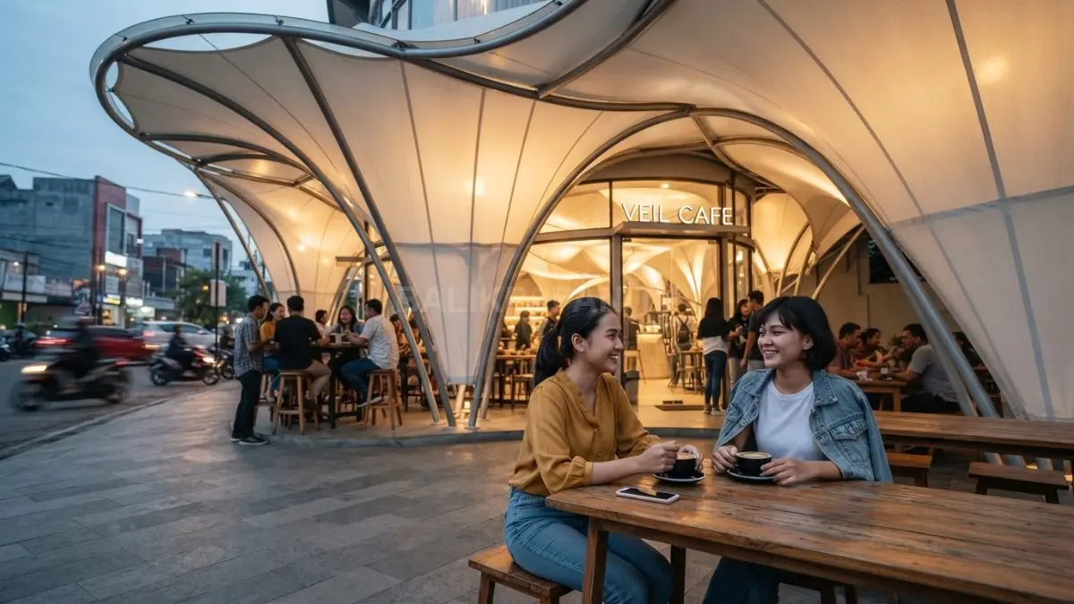Veil cafe memadukan selubung membran, kanopi tensile, pencahayaan lembut, dan ruang semi-terbuka berkarakter modern. (BTV/AI)