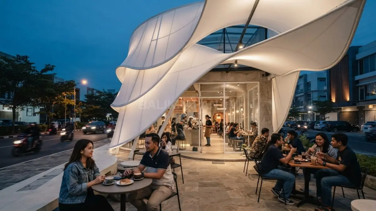 Veil cafe menggunakan membran putih sebagai fasad ikonik yang menciptakan tampilan ringan, lembut, dan modern. (BTV/AI)