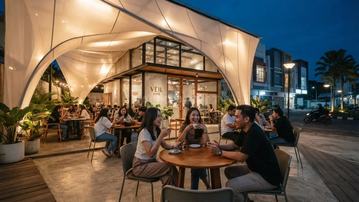 Veil cafe menghadirkan arsitektur modern melalui selubung membran, cahaya lembut, kanopi unik, dan ruang semi-terbuka. (BTV/AI)