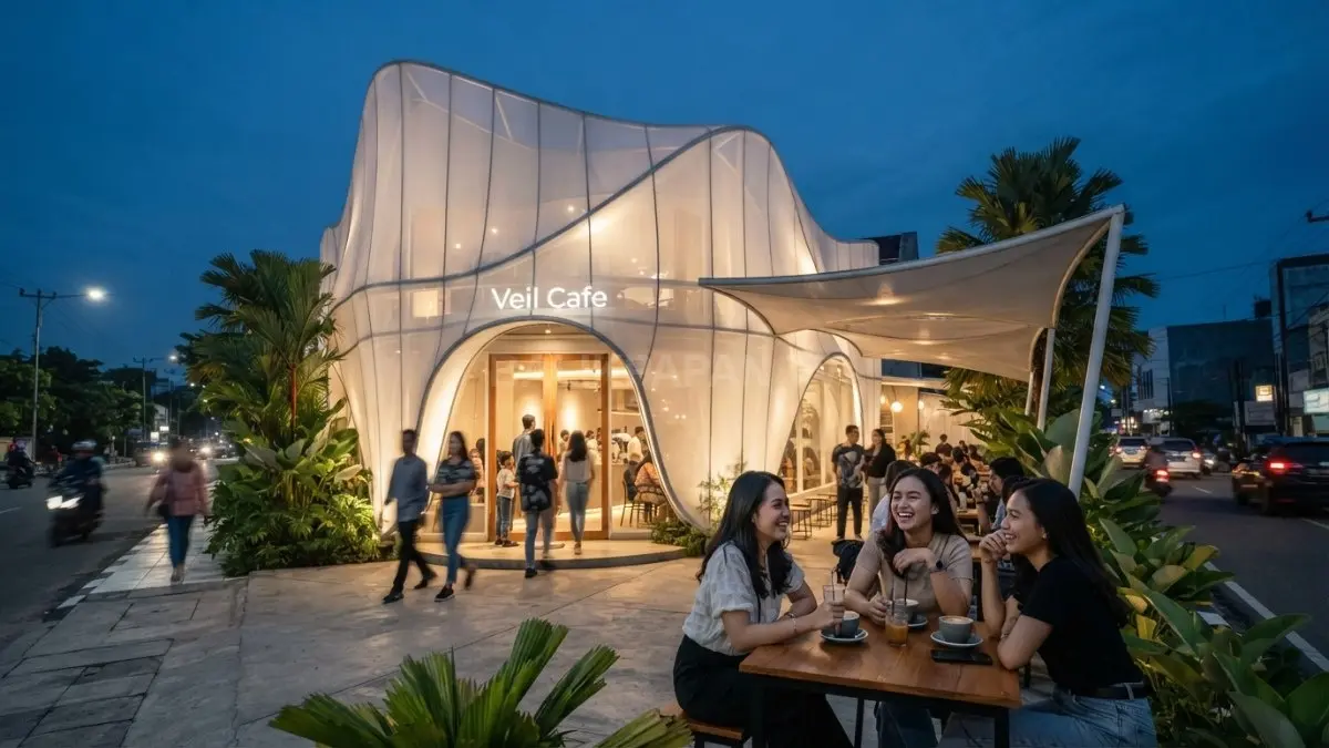 Veil cafe minimalis memanfaatkan selubung transparan, pencahayaan lembut, dan ruang semi-terbuka untuk menciptakan fasad ikonik. (BTV/AI)