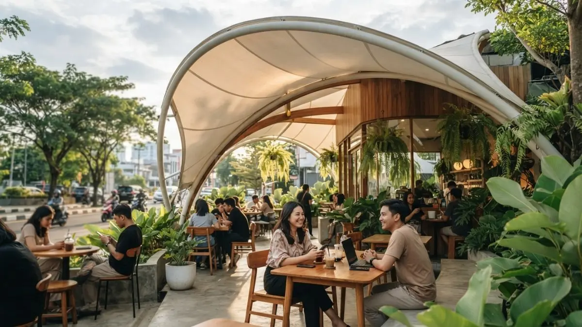 Veil cafe tropis memadukan membran ringan, kayu, tanaman hijau, dan ruang semi-terbuka untuk suasana modern. (BTV/AI)