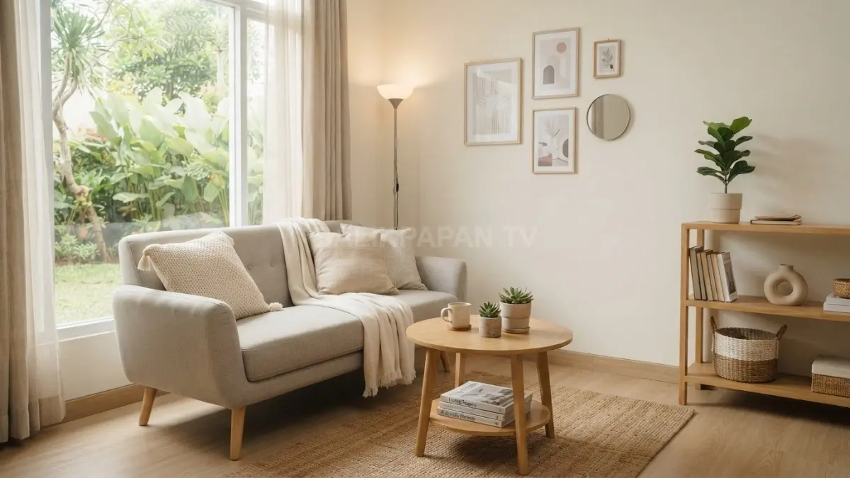 Warna netral, furnitur kayu, dan dekorasi sederhana menciptakan ruang keluarga estetik tanpa menguras anggaran rumah. (BTV/AI)