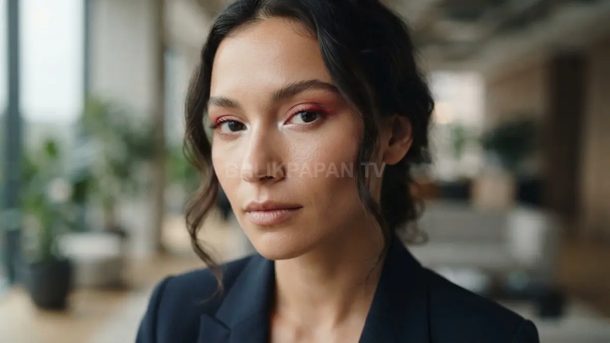 Aksen merah lembut pada kelopak mata berpadu putih di sudut dalam, menciptakan riasan bernuansa kemerdekaan elegan. (BTV/AI)
