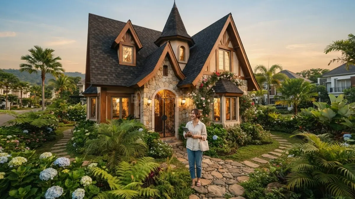 Arsitektur rumah fairy tales memadukan atap curam, menara, jendela unik, material alami, dan taman. (BTV/AI)