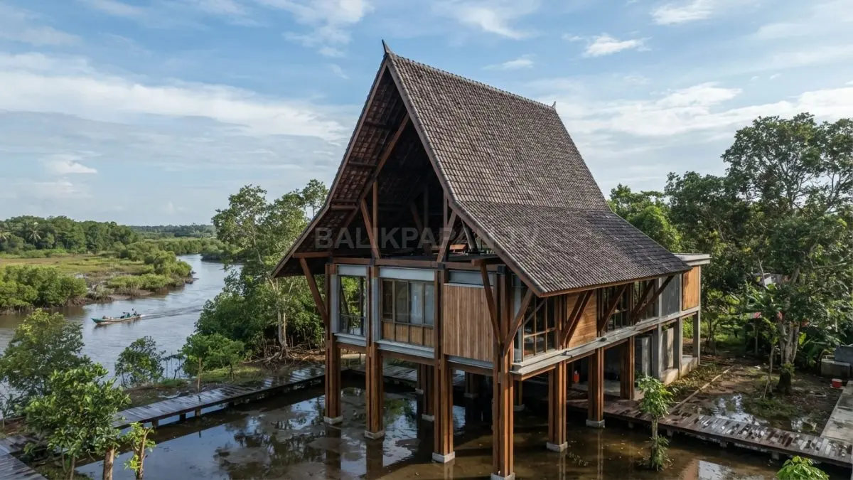 Atap khas daerah memperkuat identitas lokal melalui bentuk modern, material sesuai, dan respons terhadap lingkungan setempat. (BTV/AI)