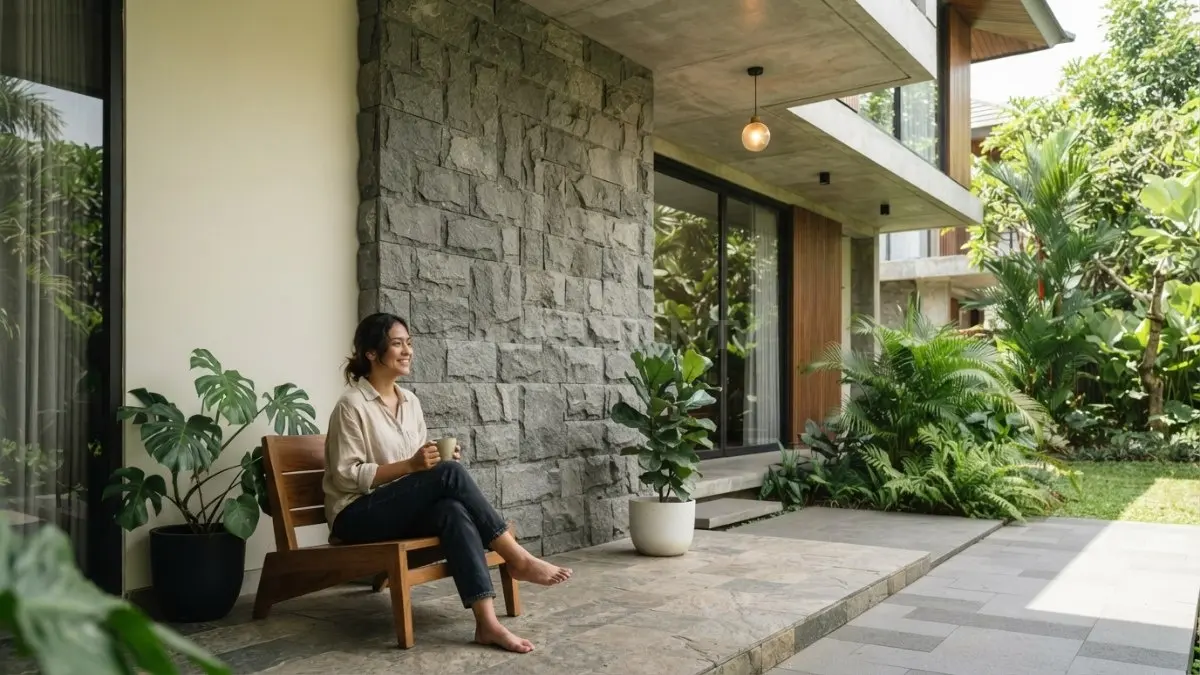 Batu alam pada dinding dan teras menghadirkan tekstur kuat, nuansa natural, serta focal point elegan pada rumah modern (BTV/AI)