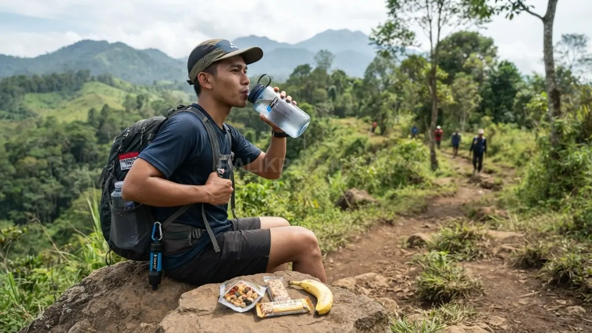 Bawa air cukup dan camilan praktis agar stamina tetap terjaga selama hiking tanpa mengganggu kenyamanan perjalanan (BTV/AI).
