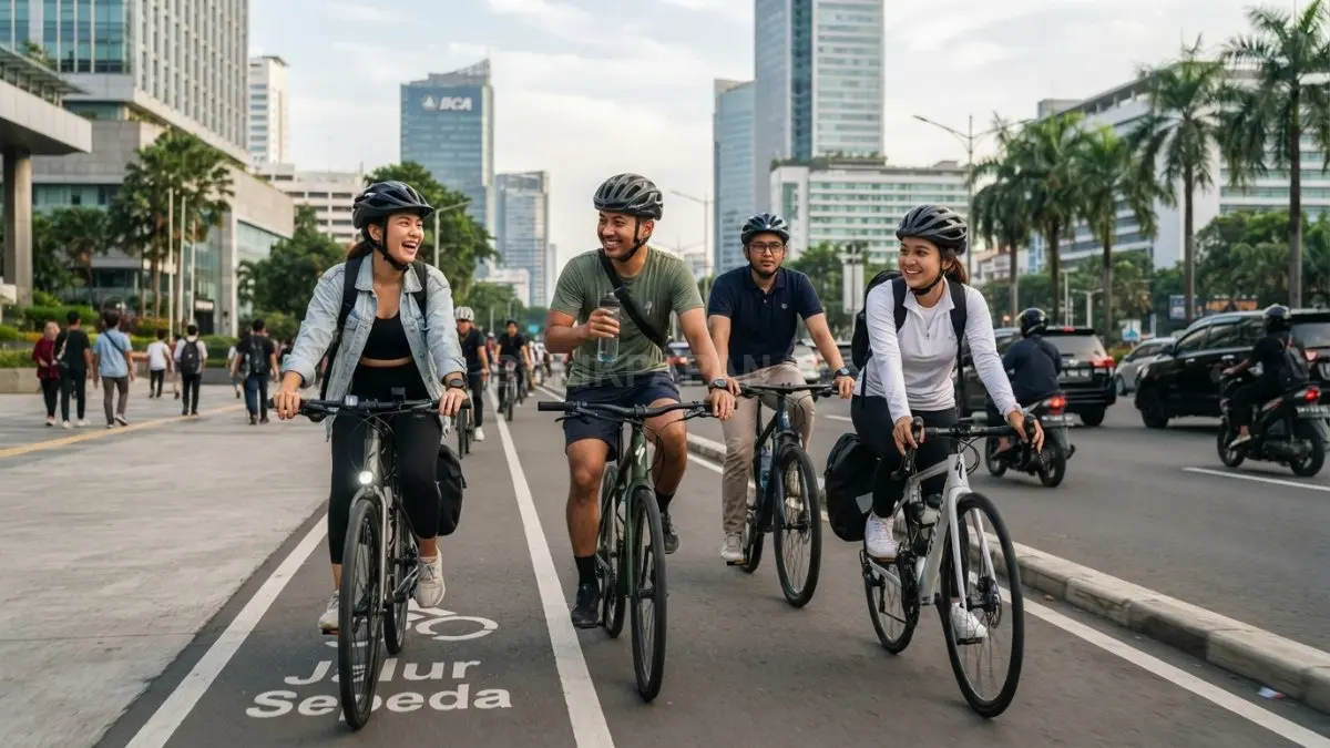 Bersepeda bersama teman menjelajahi kota sambil berolahraga, menikmati suasana, dan mempererat kebersamaan di akhir pekan. (BTV/AI)
