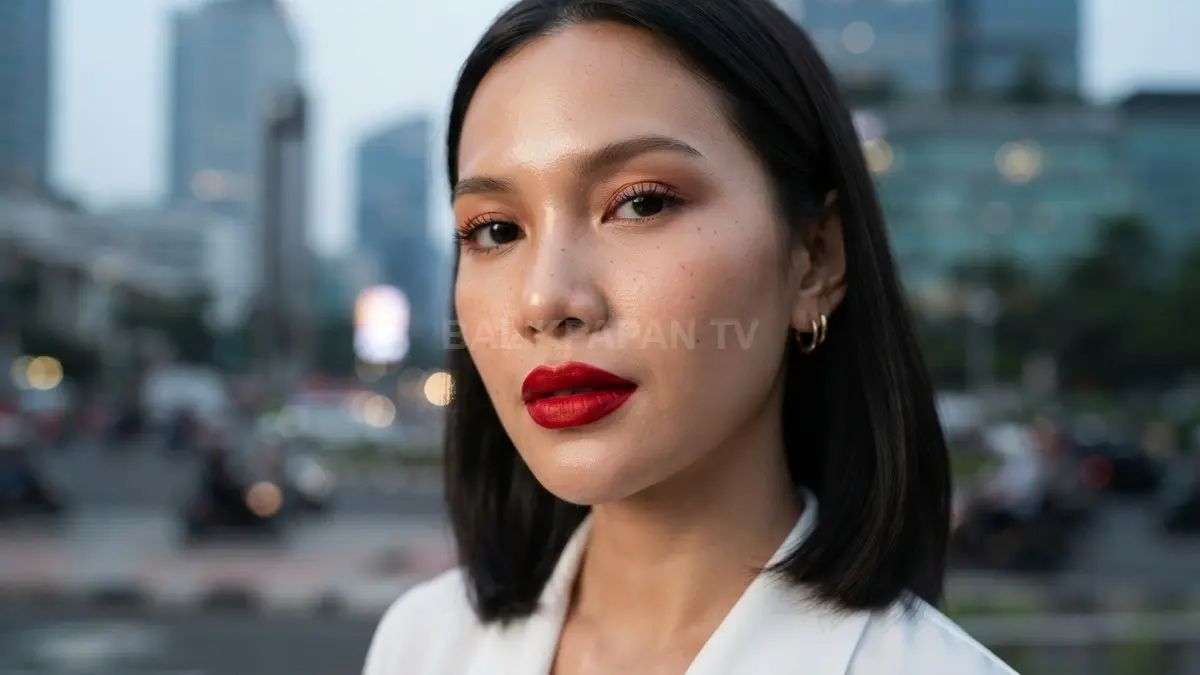 Bibir merah menjadi pusat perhatian, menghadirkan nuansa kemerdekaan yang kuat melalui riasan sederhana dan elegan. (BTV/AI)
