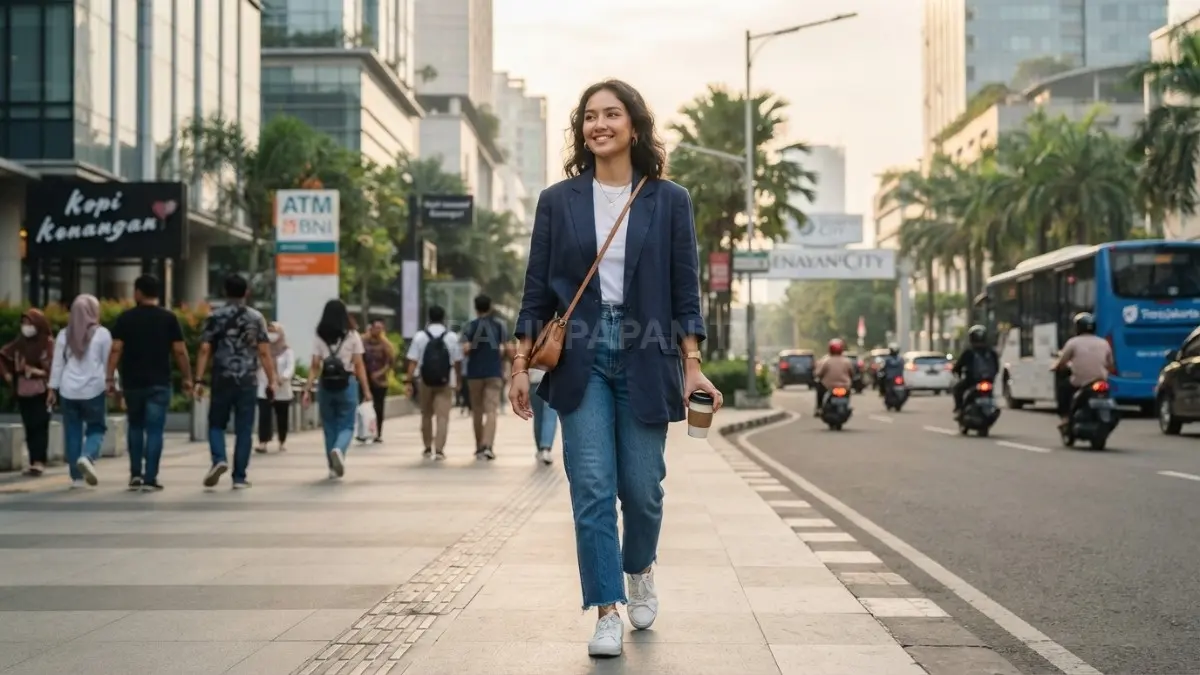 Blazer relaxed dengan kaus polos dan jeans menciptakan gaya kasual polished yang nyaman untuk hangout, dipadukan sneakers (BTV/AI).
