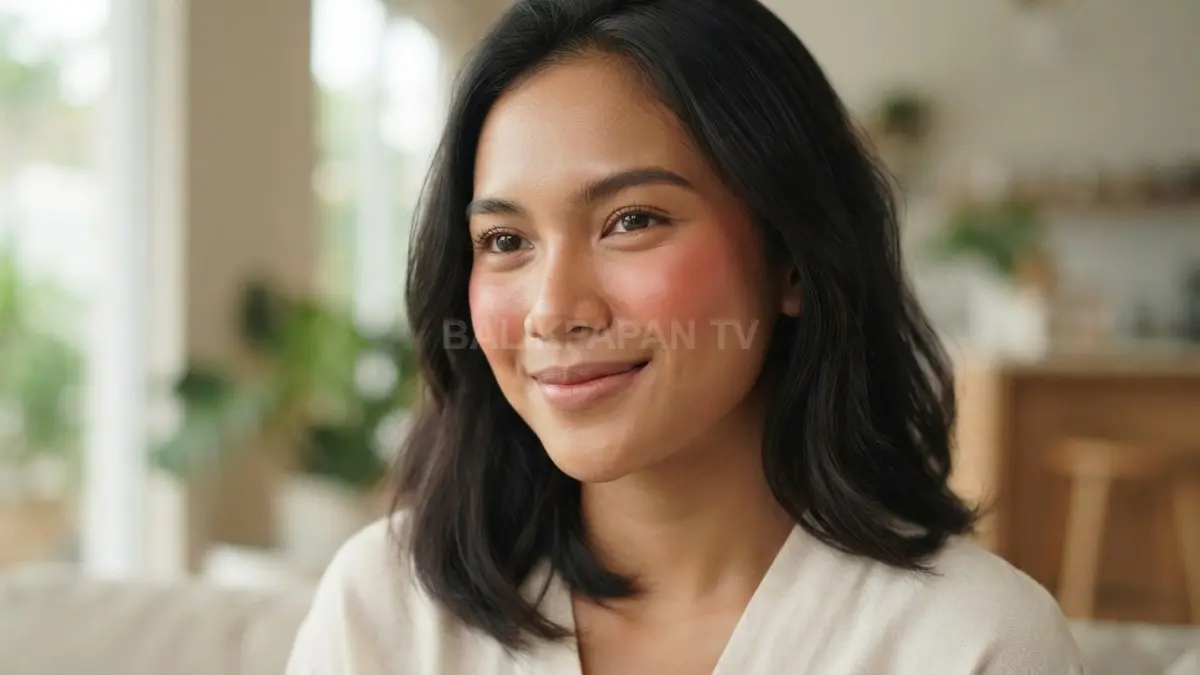 Blush merah memberi semburat segar alami, menyatu lembut dengan riasan untuk tampilan kemerdekaan yang elegan. (BTV/AI)