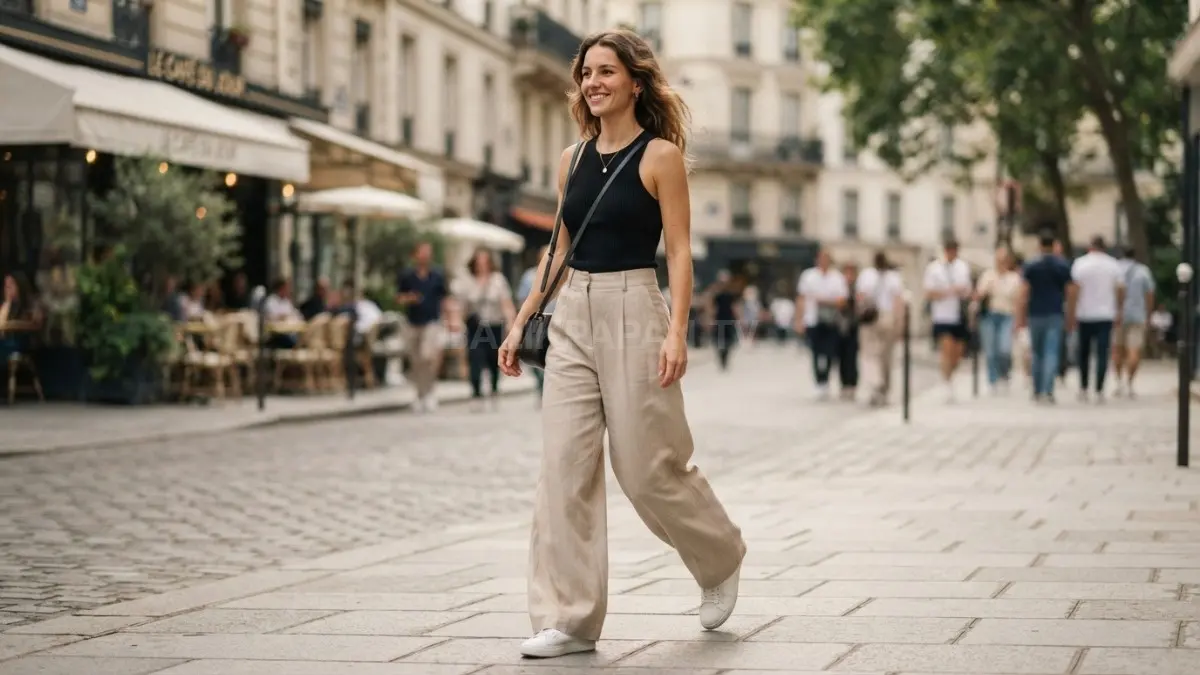 Celana wide-leg berpadu atasan sederhana menciptakan tampilan santai, modern, proporsional, dan nyaman untuk berbagai kesempatan sehari-hari. (BTV/AI)