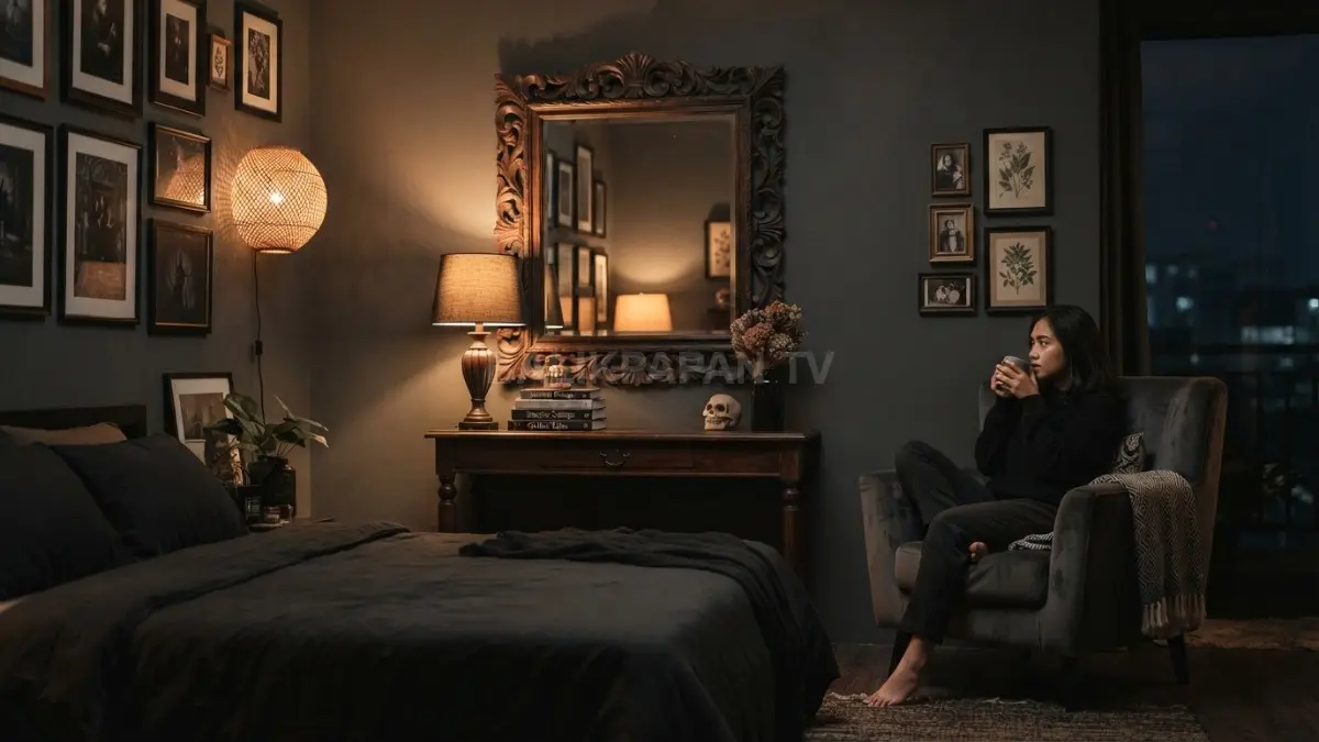Cermin besar dan furnitur antik menciptakan kamar bernuansa misterius melalui bingkai klasik, kayu, dan dekorasi vintage. (BTV/AI)