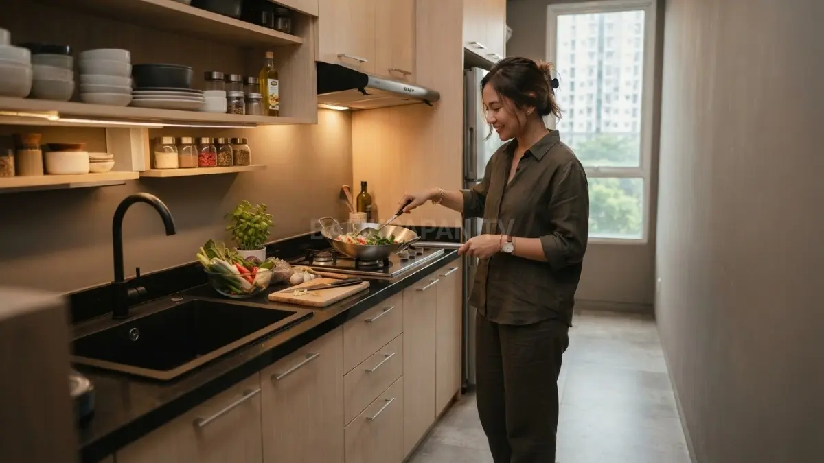 Dapur satu garis cocok untuk ruang memanjang, hemat tempat, praktis, rapi, dan tetap nyaman digunakan sehari-hari. (BTV/AI)