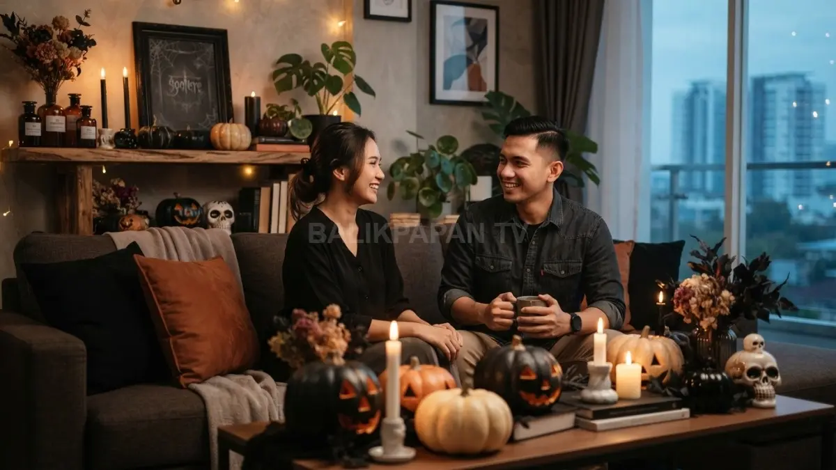 Dekorasi Halloween memadukan warna gelap, labu, ornamen gothic, tanaman, dan pencahayaan dramatis secara seimbang. (BTV/AI)