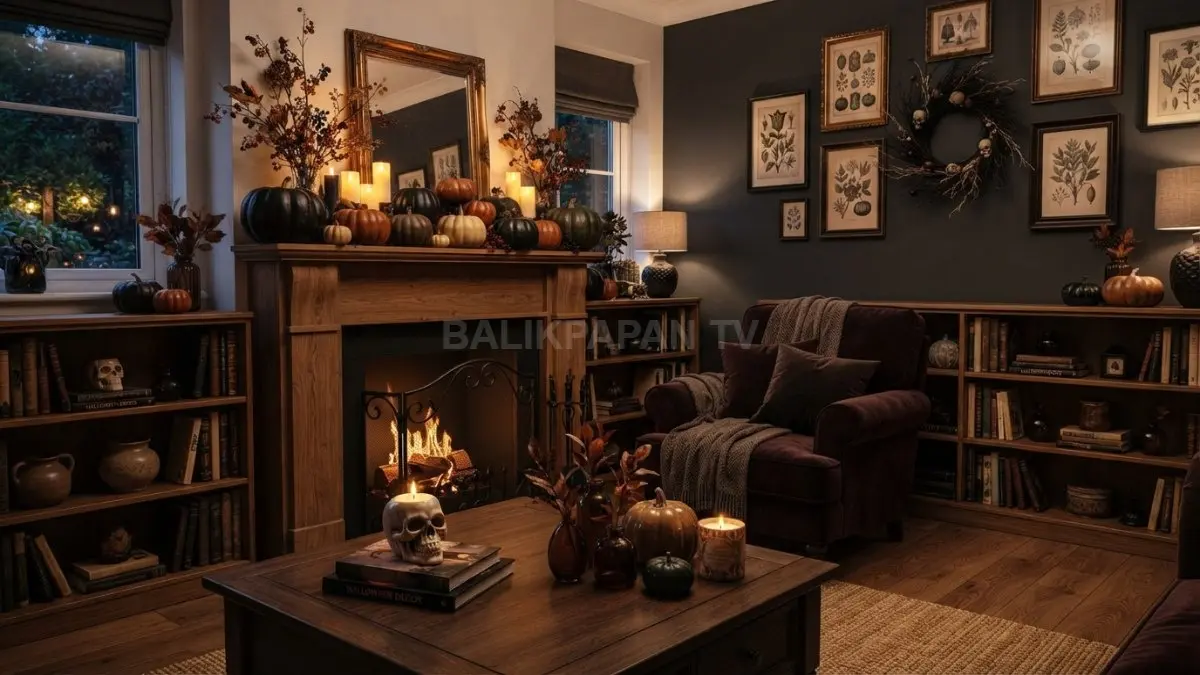 Dekorasi Halloween memadukan warna gelap, oranye, ornamen gothic, labu, dan pencahayaan dramatis yang elegan. (BTV/AI)