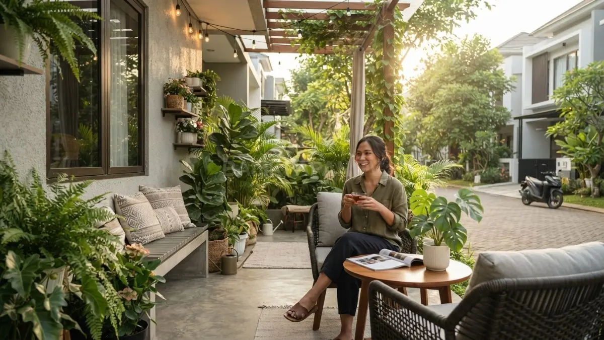 Delapan inspirasi teras minimalis dengan tanaman, furnitur, material, pencahayaan, dan tata letak nyaman (BTV/AI).