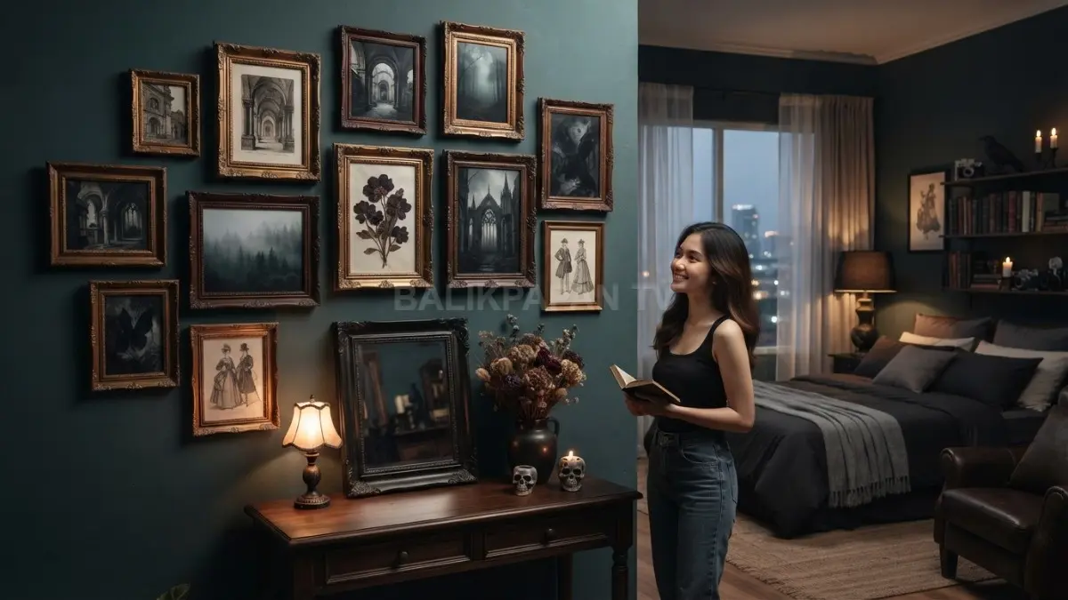 Dinding galeri bernuansa misterius memadukan lukisan klasik, bingkai tua, dan dekorasi artistik untuk kamar seram. (BTV/AI)