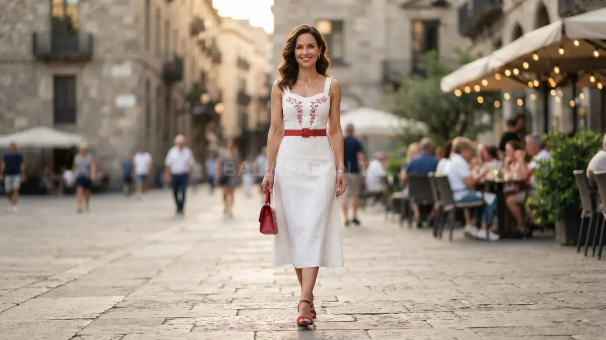 Dress putih dengan aksen merah menghadirkan gaya feminin modern yang cocok untuk berbagai acara keluarga dan perayaan. (BTV/AI)