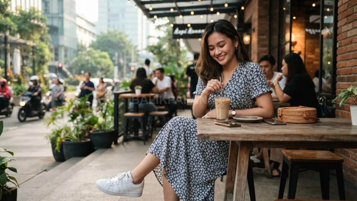 Dress santai dipadukan sneakers menciptakan gaya feminin, kasual, nyaman, dan stylish untuk ngopi atau hangout (BTV/AI).
