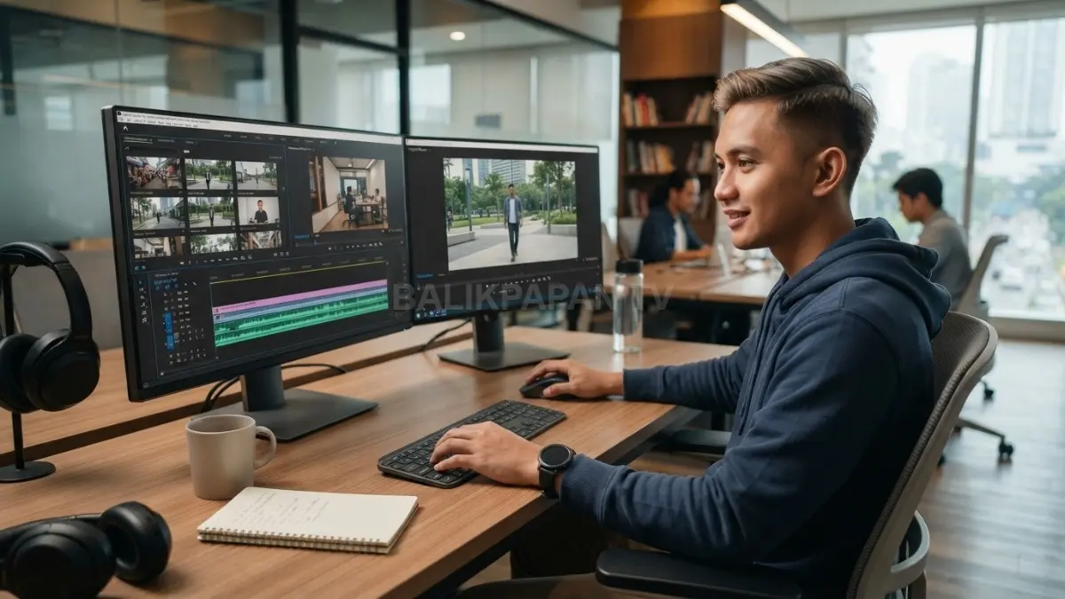 Editing sederhana membantu menyusun klip terbaik, memangkas bagian tak perlu, mengatur urutan, dan menyesuaikan audio agar menarik (BTV/AI).
