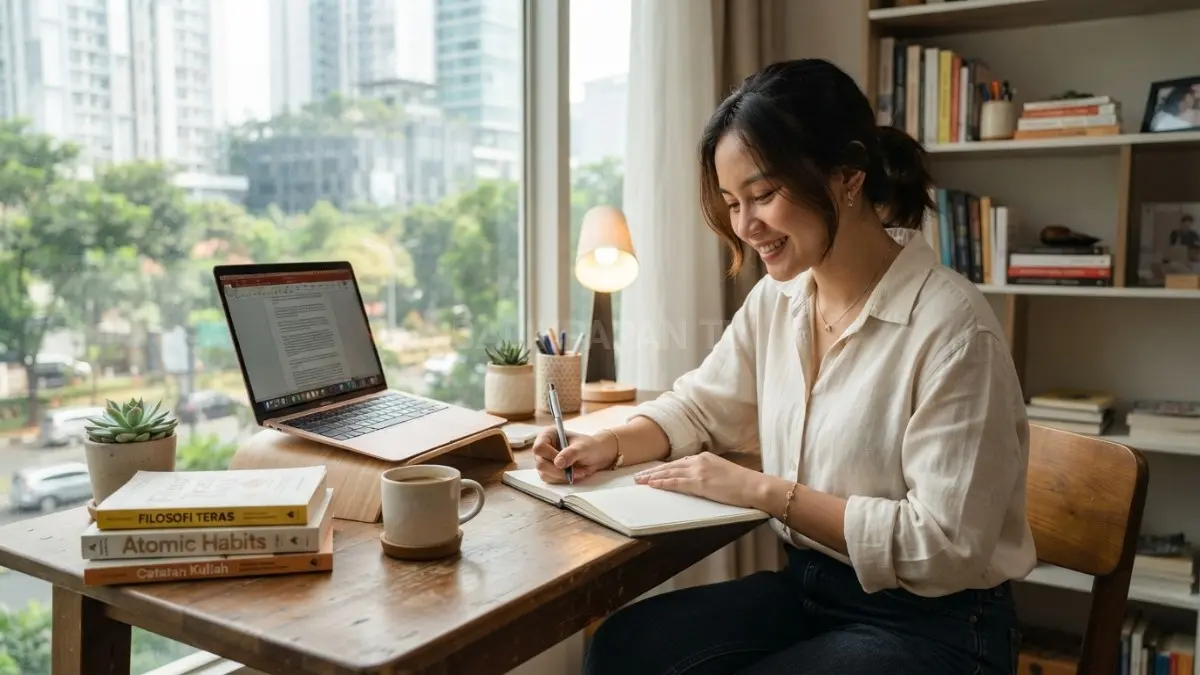 Enam ide penataan meja belajar membantu memaksimalkan ruang, merapikan perlengkapan, dan menciptakan suasana nyaman. (BTV/AI)