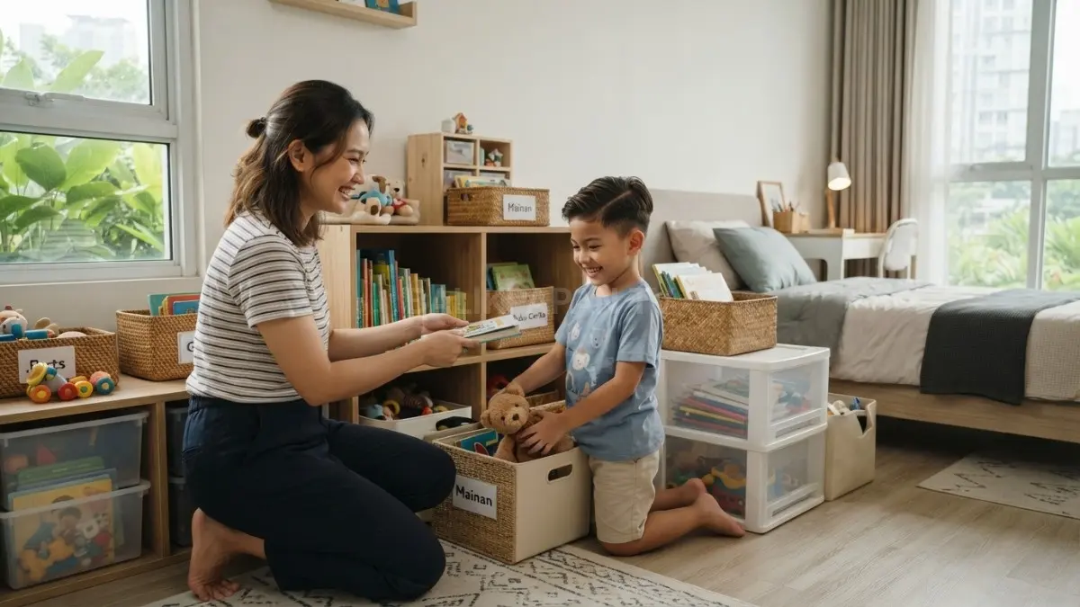 Enam ide storage kamar anak membuat mainan dan buku tertata, mudah ditemukan, serta kamar tetap nyaman dan rapi (BTV/AI). 