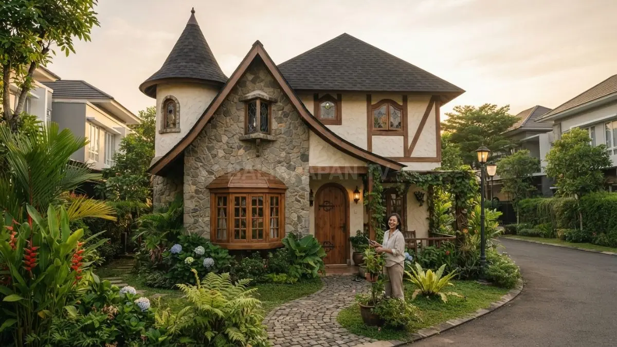 Fasad batu dan kayu bernuansa lembut menciptakan karakter rumah fairy tales yang hangat, alami, dan menawan. (BTV/AI)