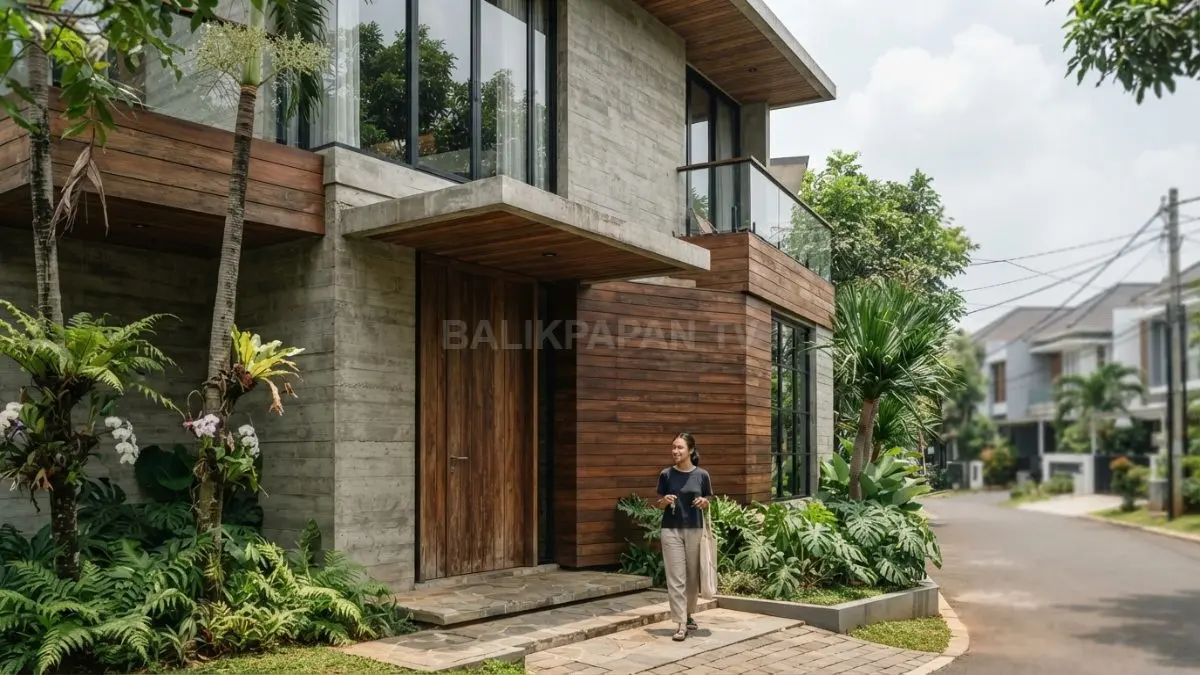 Fasad kayu dan beton ekspos menciptakan kontras modern, hangat, natural, sekaligus menarik pada tampilan rumah (BTV/AI)
