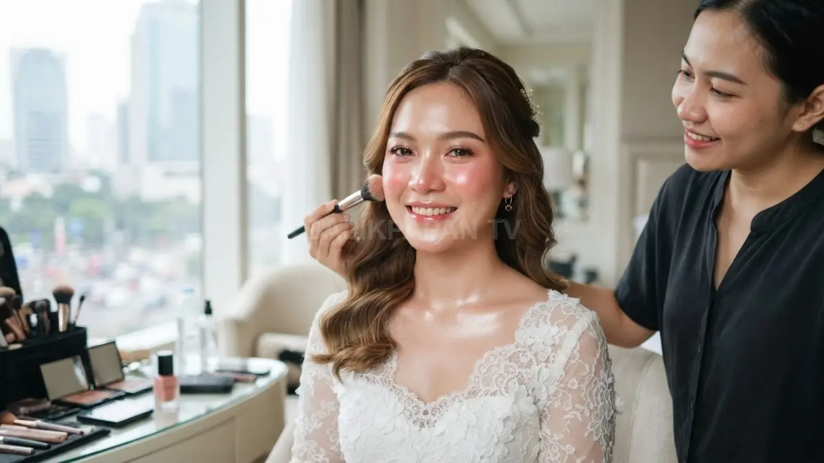 Flushed cheeks menghadirkan rona pipi alami, segar, glowing, dan menyatu dengan complexion pengantin (BTV/AI).
