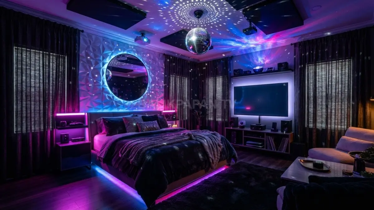 Galaxy disco bedroom memadukan lampu proyektor galaksi, bola disko, LED warna-warni, dan tekstur kamar yang elegan. (BTV/AI)