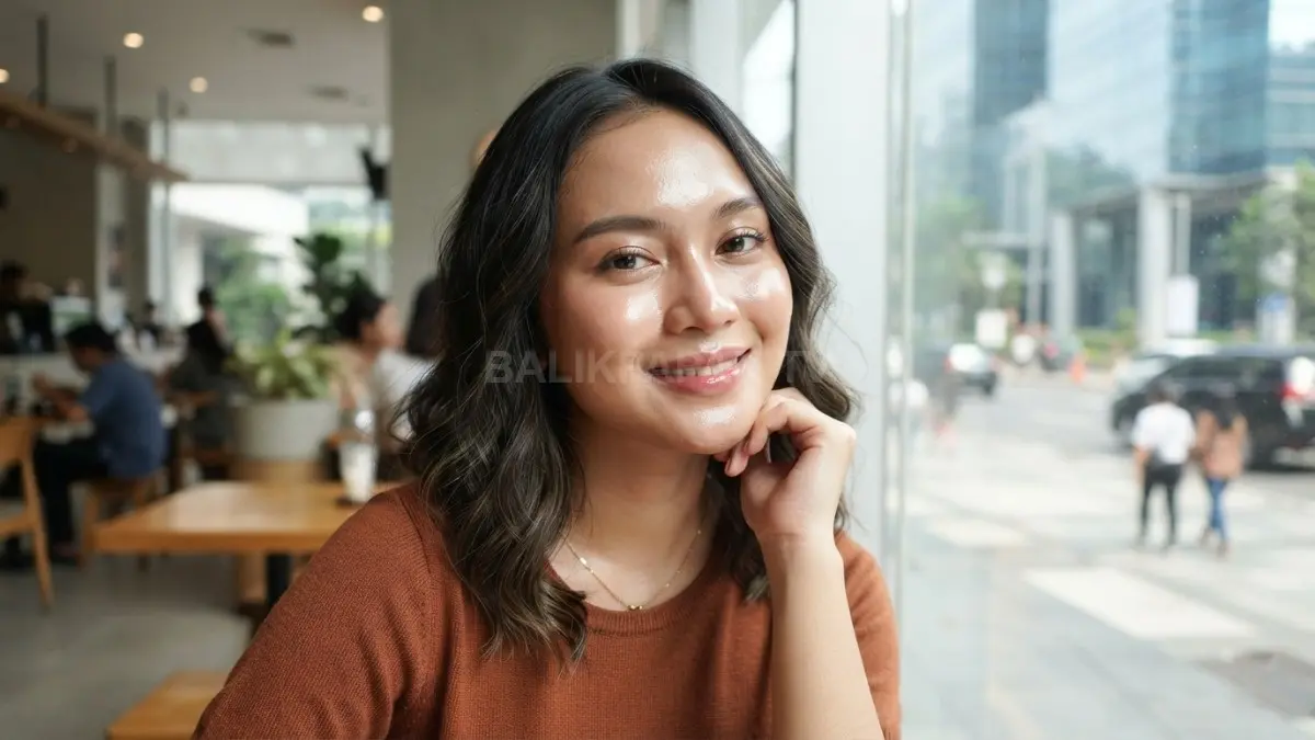 Glass skin natural dengan wajah sehat, lembap, dan bercahaya tanpa terlihat berlebihan, cocok untuk makeup sehari-hari (BTV/AI).
