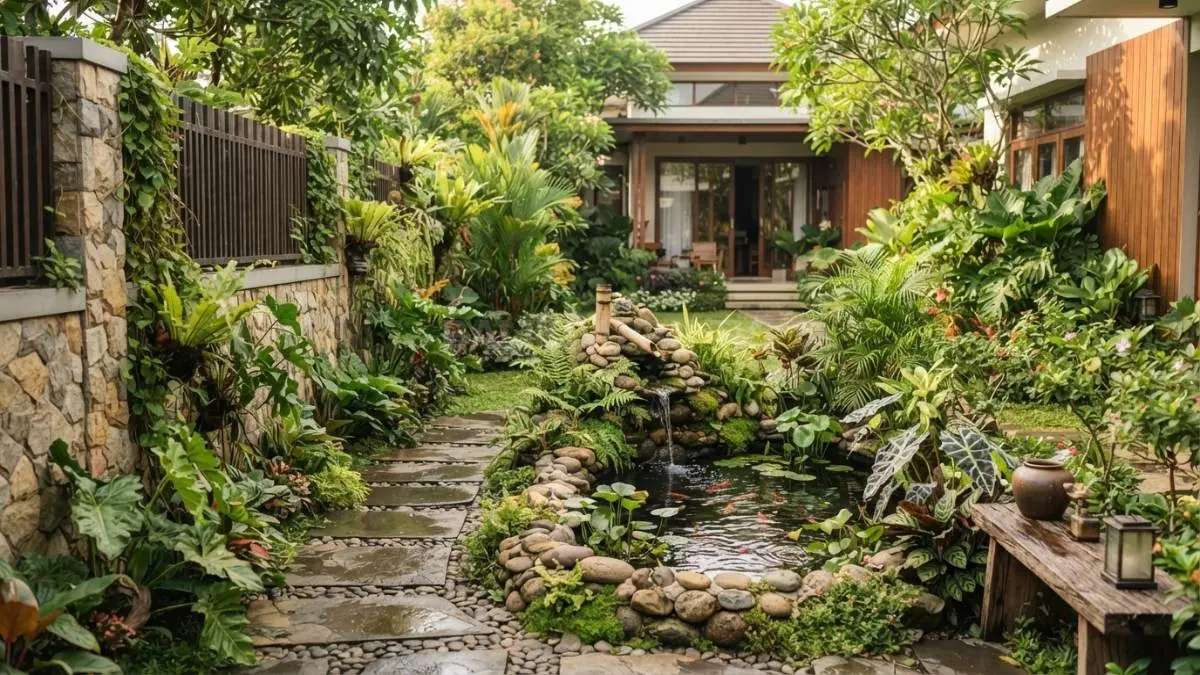 Halaman rumah asri memadukan tanaman hijau, pagar cantik, dan kolam kecil sebagai titik fokus taman. (BTV/AI)