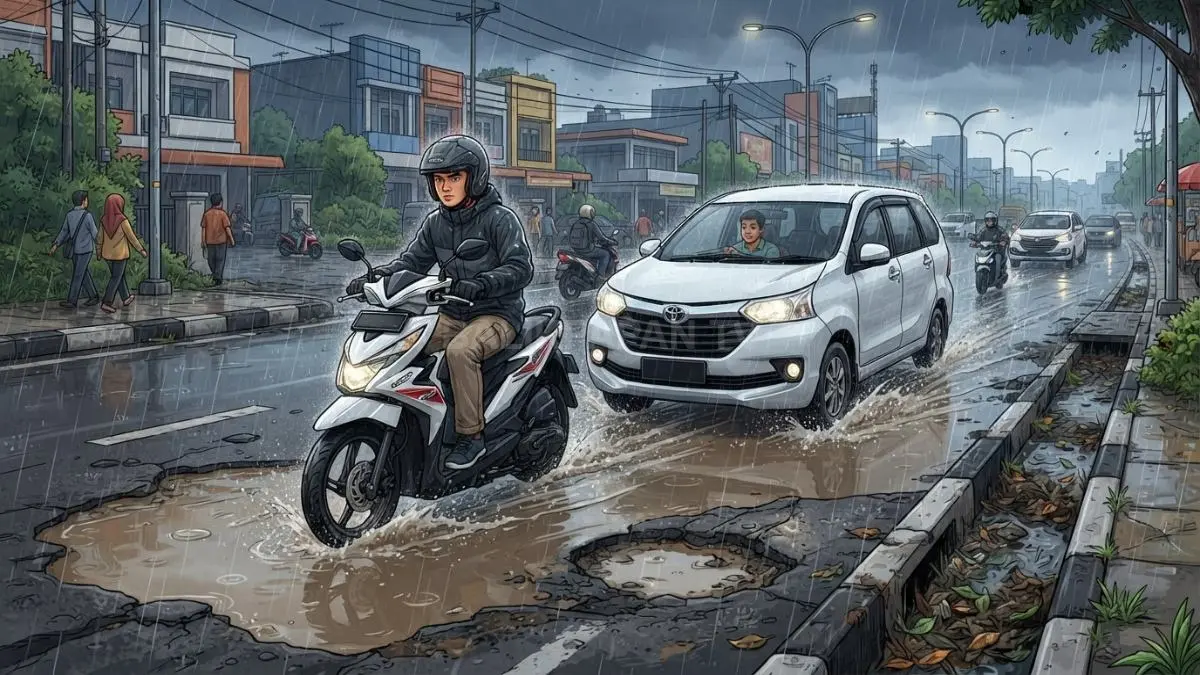 Ilustrasi genangan air di jalan dapat mengurangi cengkeraman ban, meningkatkan risiko aquaplaning, serta menutup lubang permukaan jalan (BTV/AI)