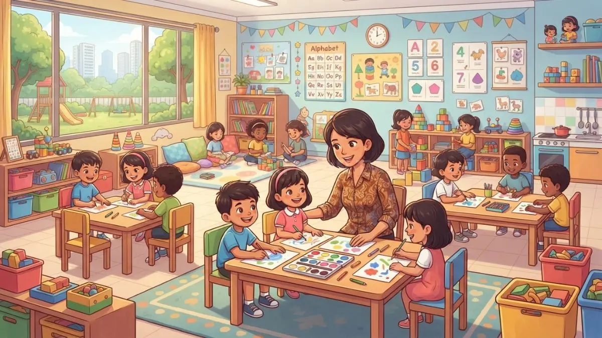 Ilustrasi ruang kelas TK Negeri 02 Samarinda dengan keterbatasan kapasitas belajar dan fasilitas pendukung sekolah (BTV/AI)