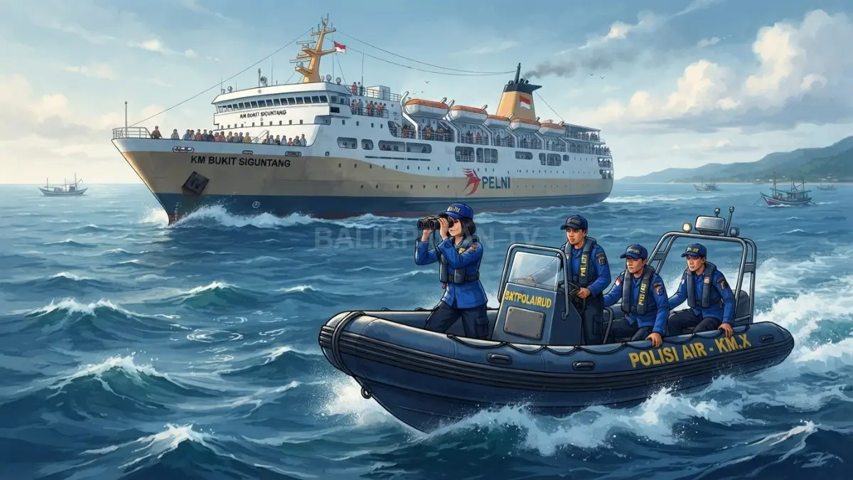 Ilustrasi Tim SAR gabungan menyisir perairan Balikpapan mencari penumpang KM Bukit Siguntang yang dilaporkan diduga melompat. (BTV/AI)