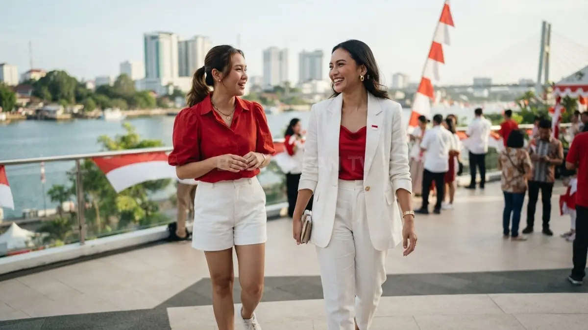 Inspirasi busana merah putih modern dengan padu padan personal, aksesori sederhana, nyaman, dan bermakna untuk kemerdekaan. (BTV/AI)