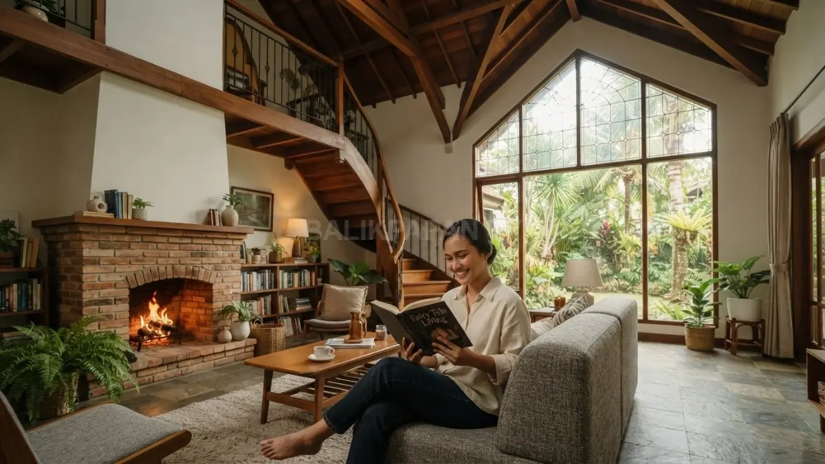 Interior fairy tales menghadirkan balok kayu terekspos, langit-langit tinggi, tangga klasik, dan pencahayaan hangat memukau. (BTV/AI)