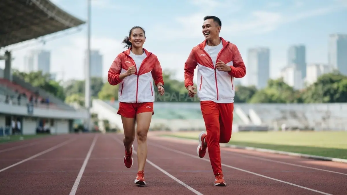 Jaket ringan merah putih dipadukan kaos, celana olahraga, dan sneakers untuk aktivitas luar ruangan yang nyaman. (BTV/AI)