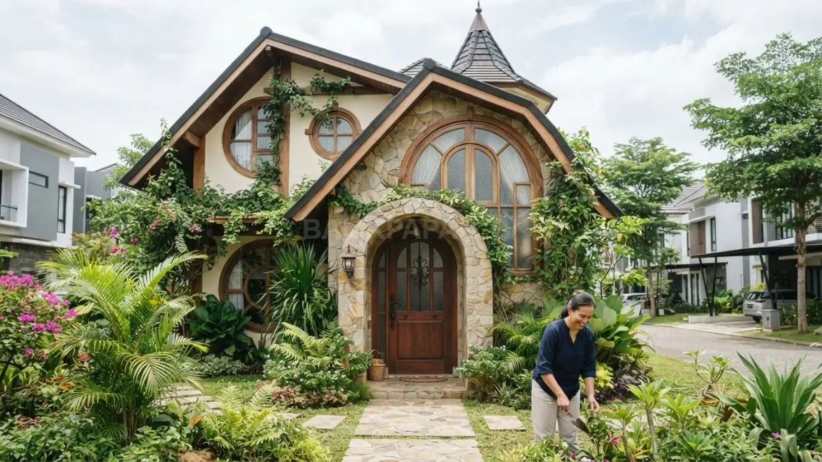 Jendela melengkung dan pintu kayu berkarakter menciptakan fasad rumah fairy tales yang unik, hangat, dan ekspresif. (BTV/AI)