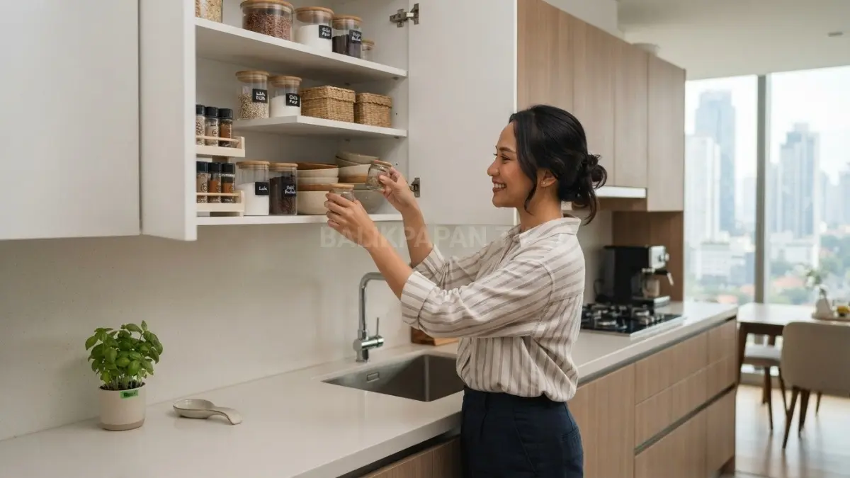Kabinet tertutup membantu dapur kecil tetap rapi, bersih, fungsional, dan nyaman digunakan setiap hari. (BTV/AI)