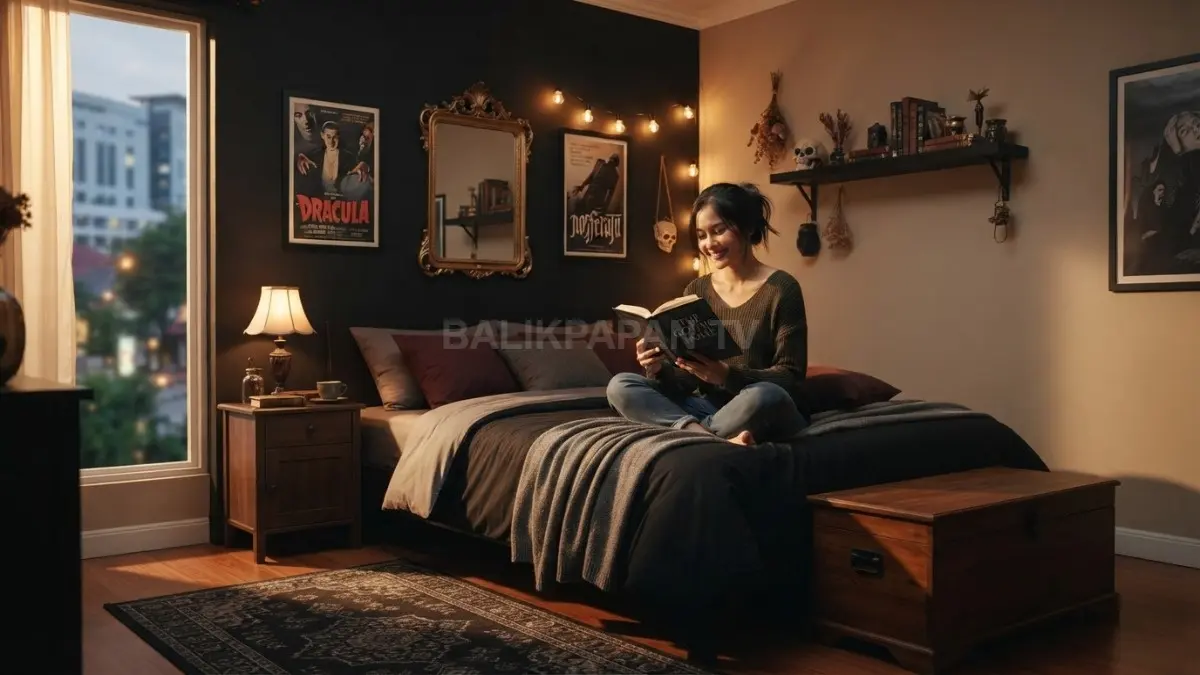 Kamar bertema seram memadukan warna gelap, furnitur klasik, pencahayaan dramatis, dan aksesori misterius elegan. (BTV/AI)