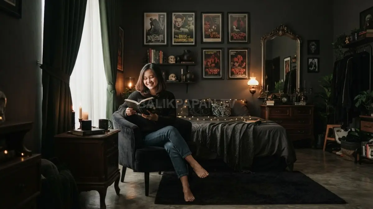 Kamar bertema seram memadukan warna gelap, pencahayaan dramatis, furnitur klasik, dan aksesori misterius yang nyaman. (BTV/AI)
