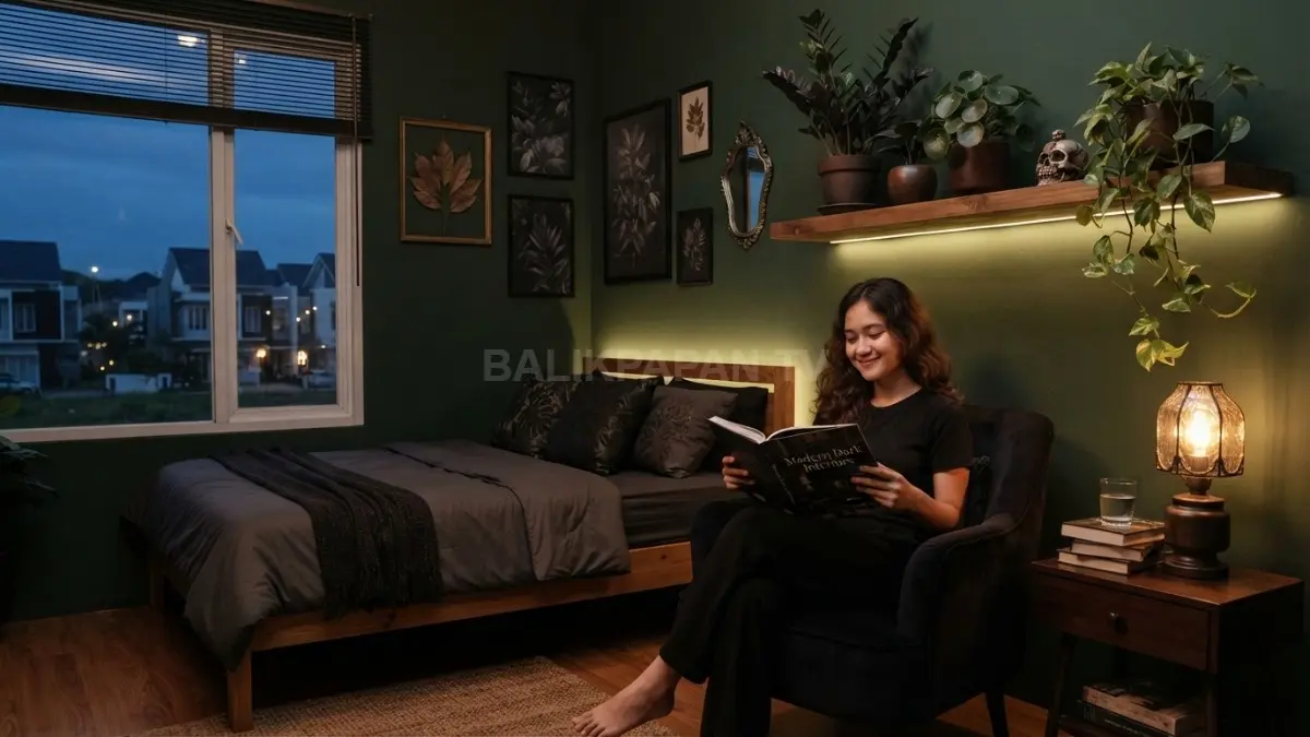 Kamar bertema seram menghadirkan tanaman berdaun gelap, bunga kering, pot klasik, dan atmosfer misterius. (BTV/AI)