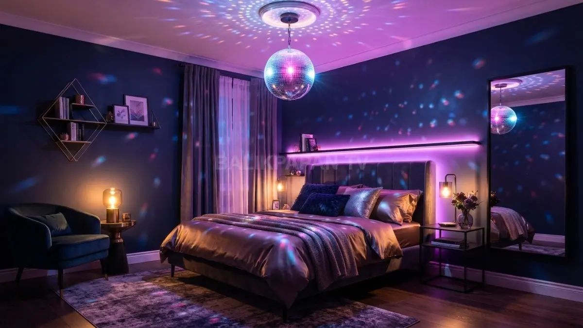 Kamar dengan disco ball glamour memadukan LED warna-warni, aksen metalik, dan tekstil elegan bernuansa pesta mewah. (BTV/AI)