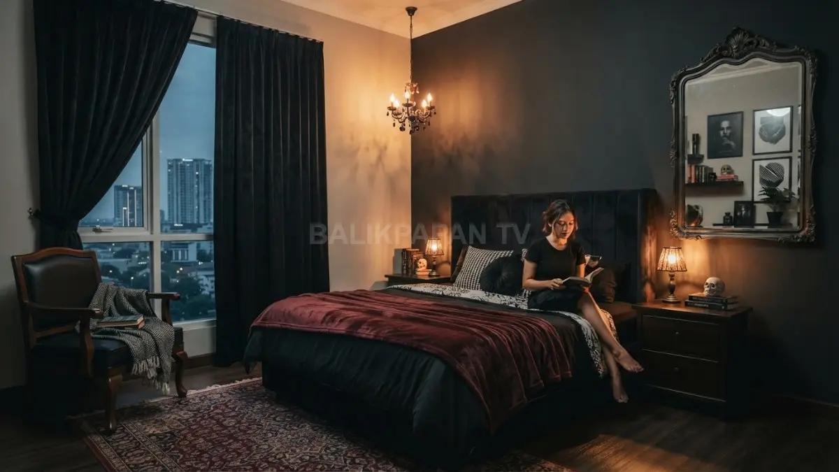 Kamar gothic bernuansa gelap memadukan dinding hitam, furnitur klasik, tekstil bertekstur, dan dekorasi misterius elegan. (BTV/AI)